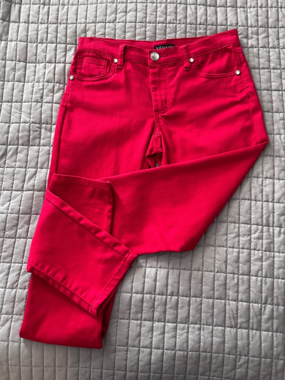 Venus Women's Bright Red Stretch Skinny Jeans, jewel button.